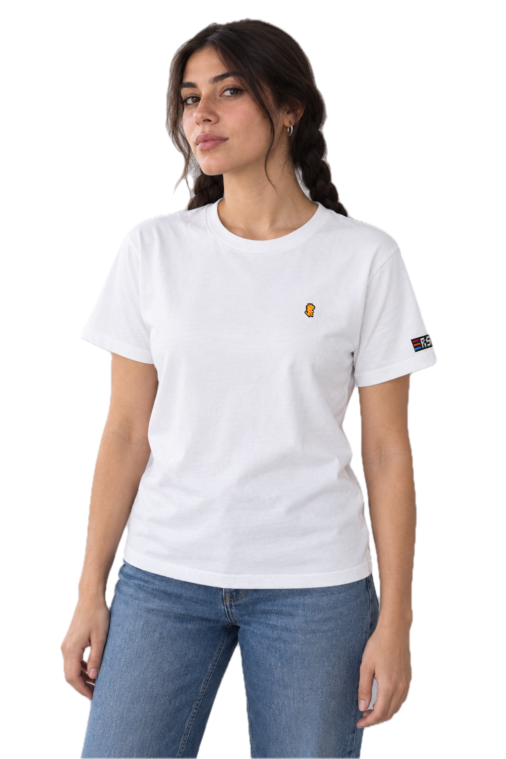 Pixel Dino Orange – Besticktes Bio T-Shirt · Weiß · Model · Frau