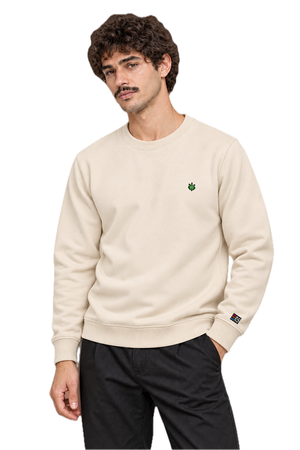 Pixel Cannabis – Bestickter Bio Pullover · Beige · Model · Mann