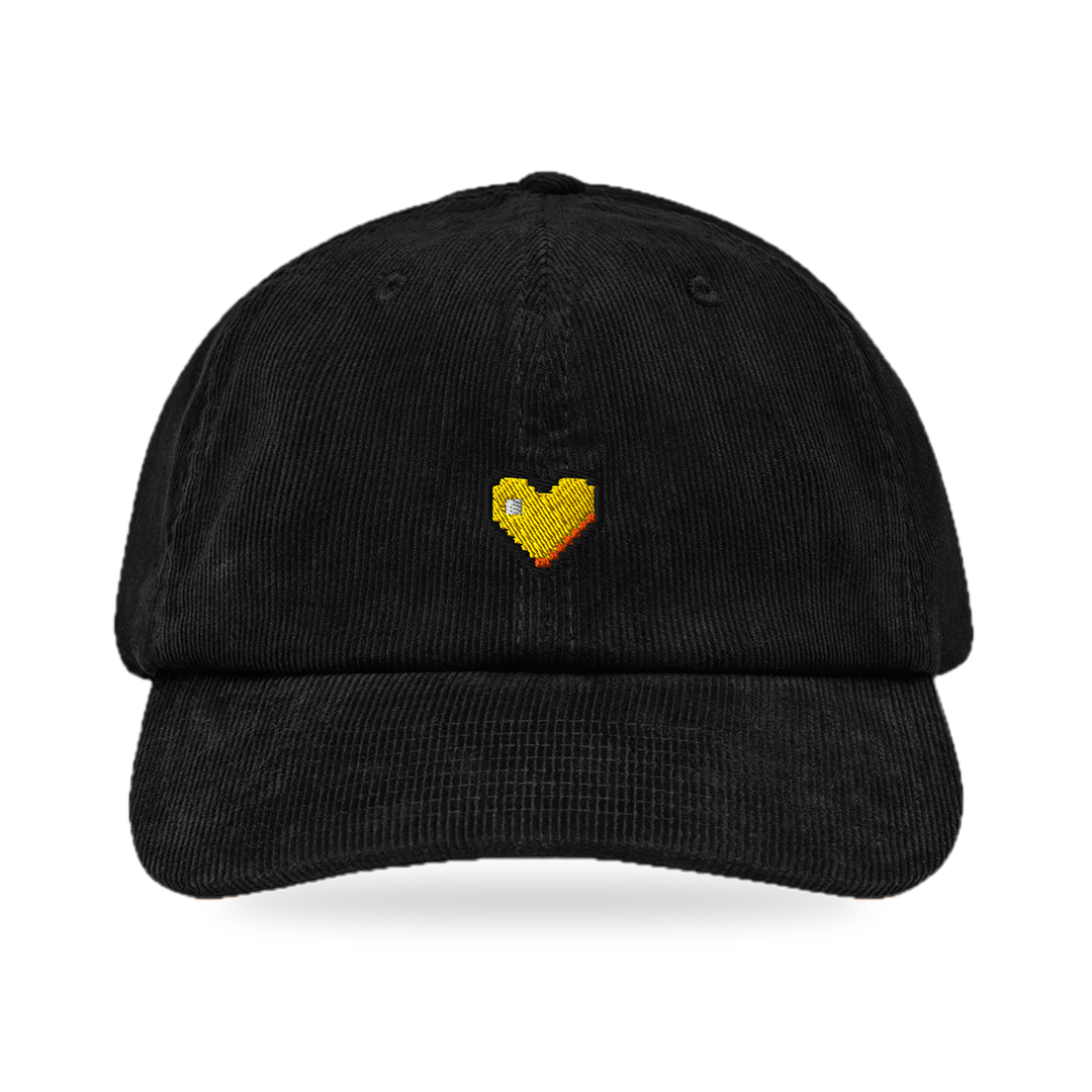 Pixel Herz Orange – Bestickte Cord Cap · Schwarz · front