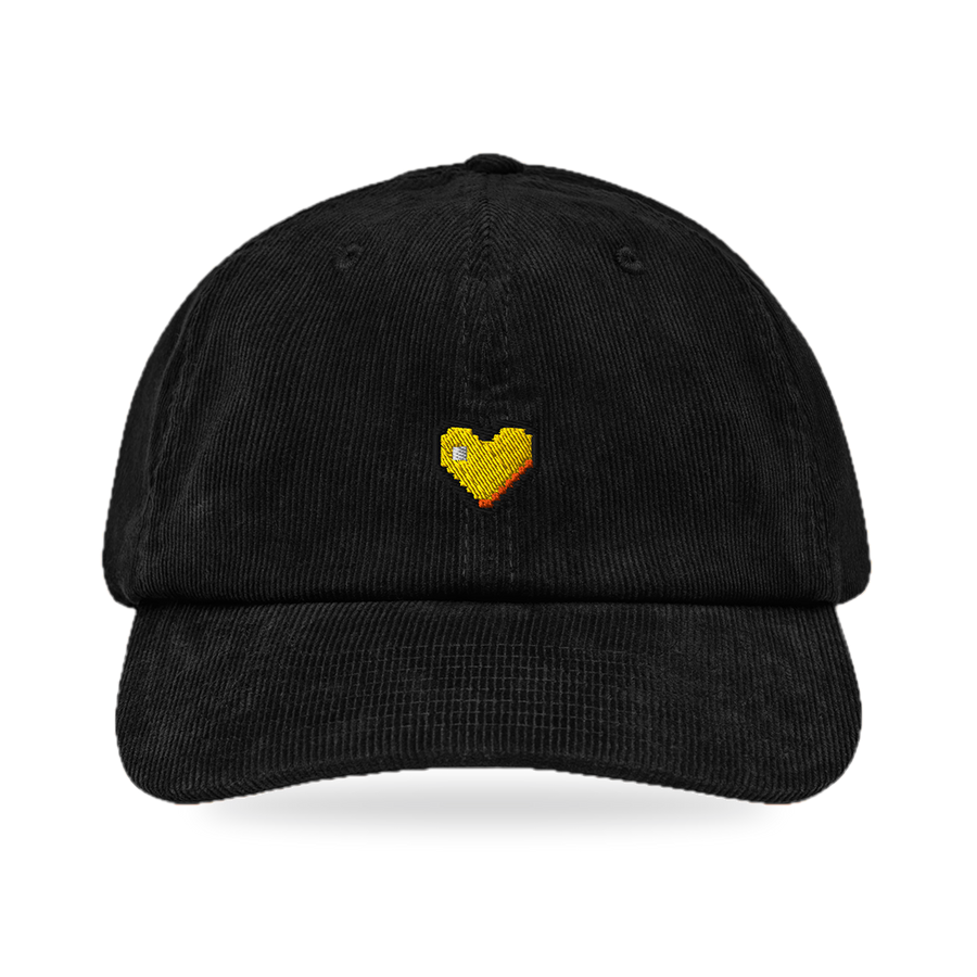 Pixel Herz Orange – Bestickte Cord Cap · Schwarz · front