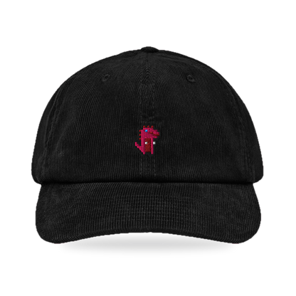 Pixel Dino Rot – Bestickte Cord Cap · Schwarz · front