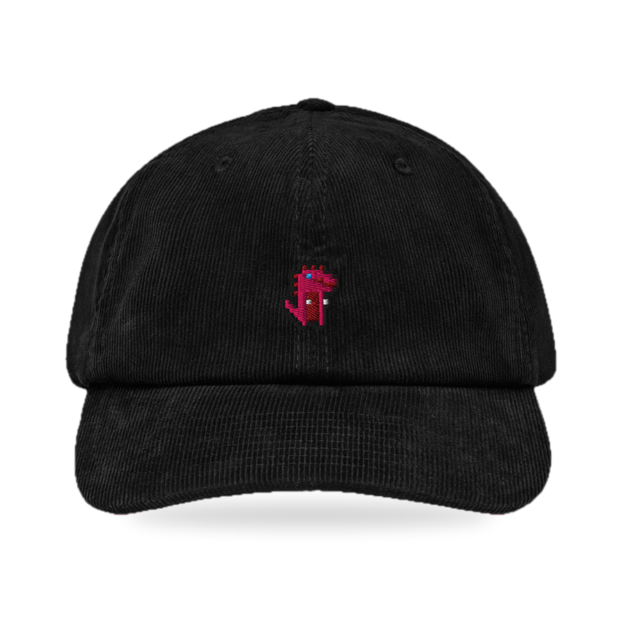 Pixel Dino Rot – Bestickte Cord Cap · Schwarz · front