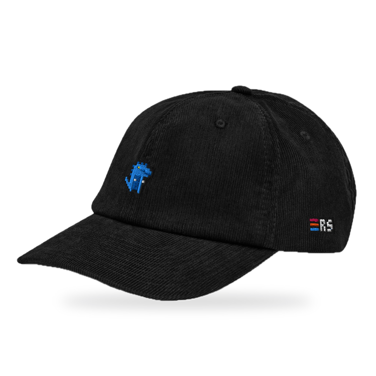 Pixel Dino Blau – Bestickte Cord Cap · Schwarz · three_quarter