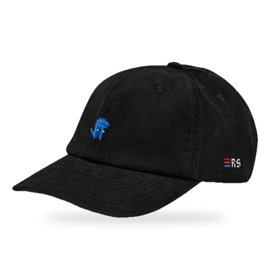 Pixel Dino Blau – Bestickte Cord Cap · Schwarz · three_quarter