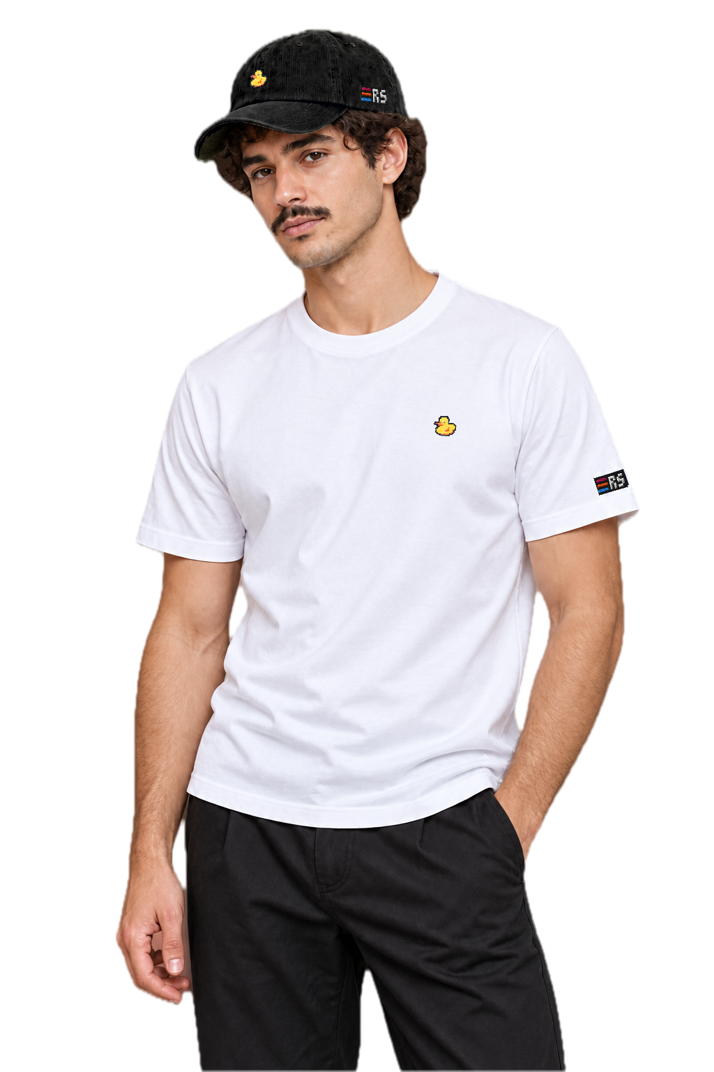 Pixel Ente – Bestickte Cord Cap · Schwarz · Model Mann