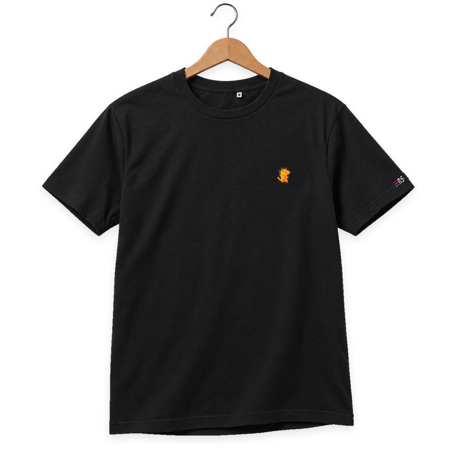 Pixel Dino Orange – Besticktes Bio T-Shirt · Schwarz · Bügel A