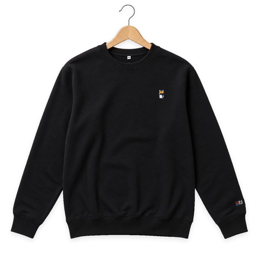Pixel Pinguin Mit Krone – Bestickter Bio Pullover · Schwarz · Bügel A