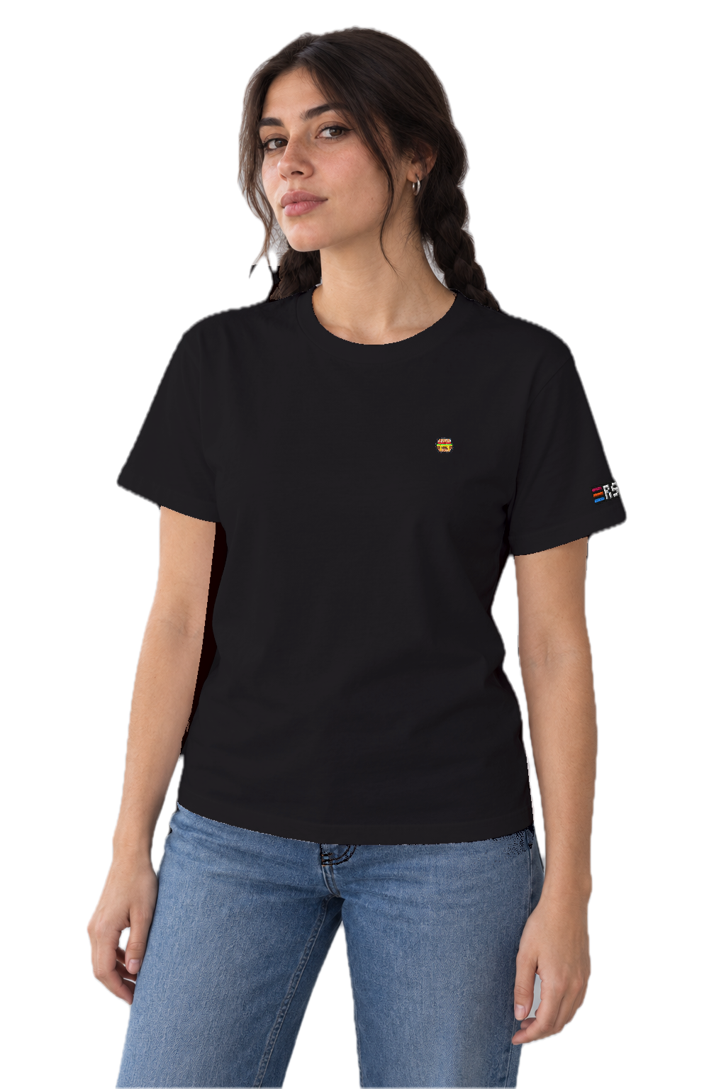 Pixel Burger – Besticktes Bio T-Shirt · Schwarz · Model · Frau