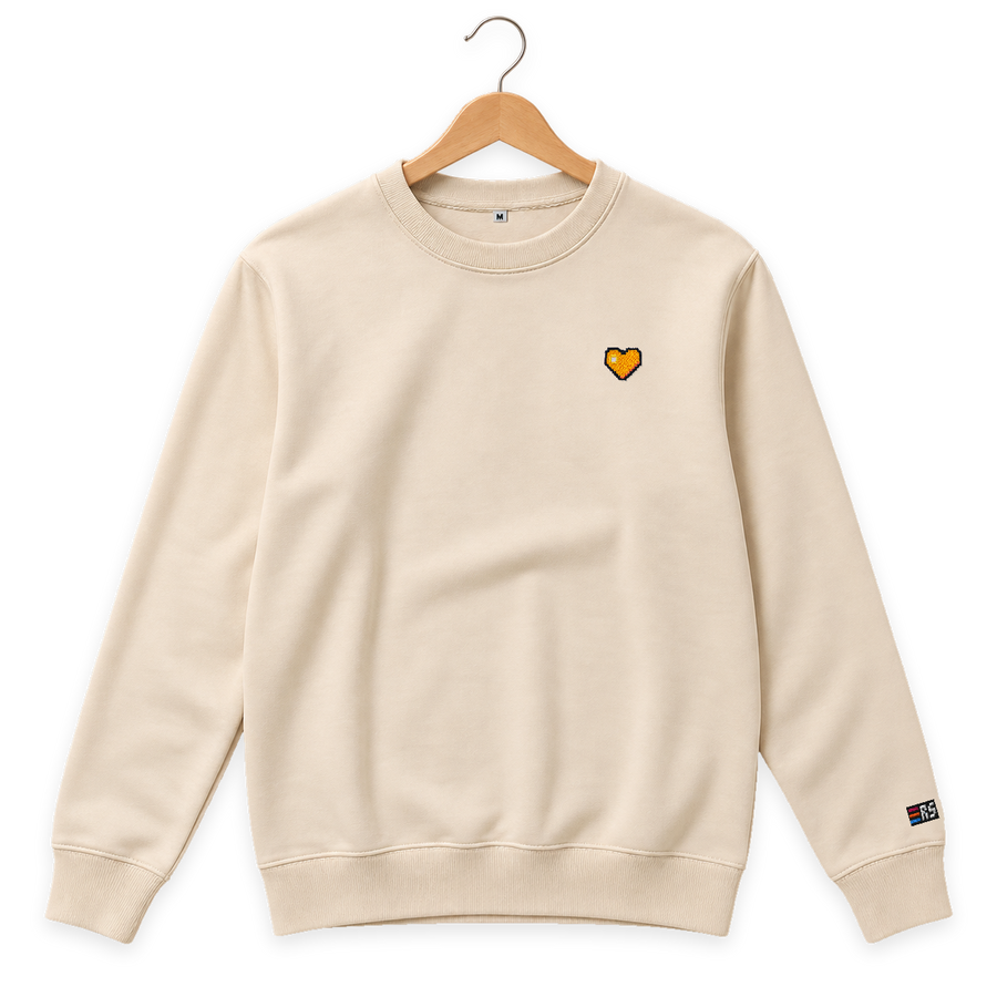 Pixel Herz Orange – Bestickter Bio Pullover · Beige · Bügel A