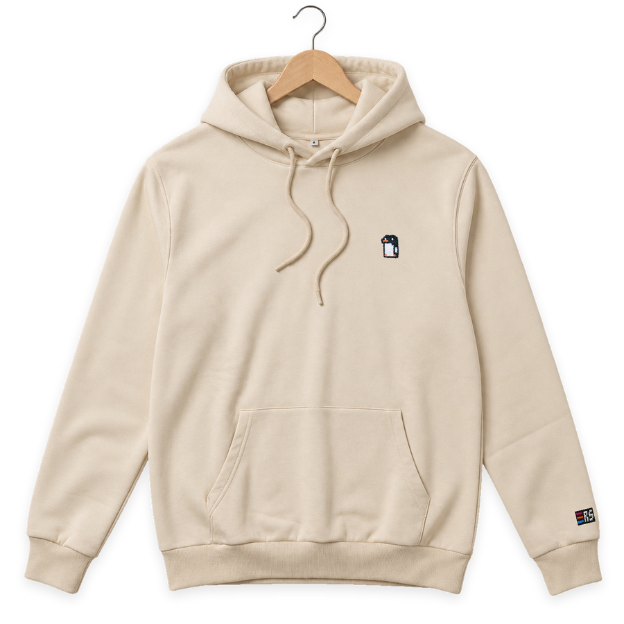 Pixel Pinguin – Bestickter Bio Hoodie · Beige · Bügel A