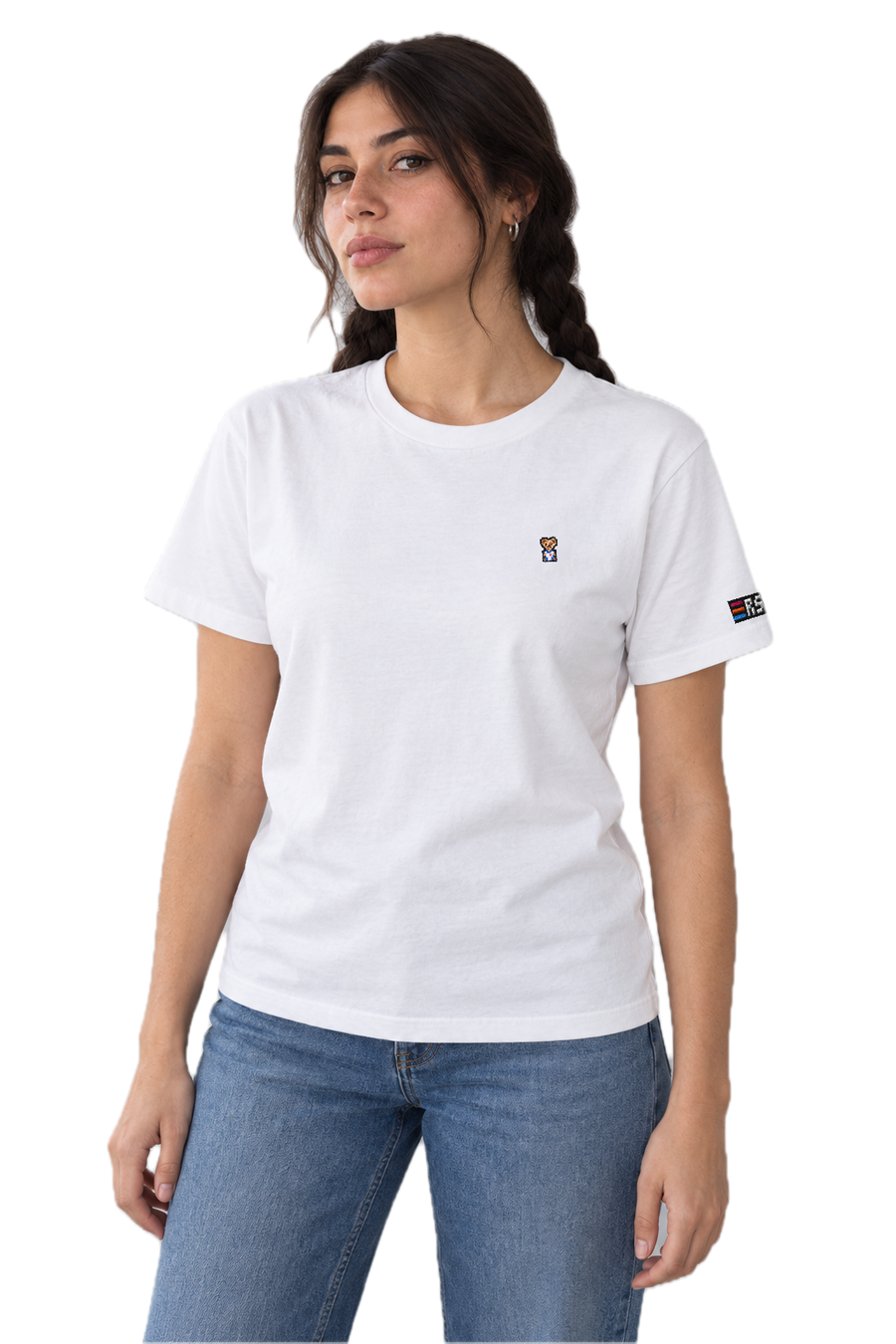 Pixel Bär "Zuffi" – Besticktes Bio T-Shirt · Weiß · Model · Frau