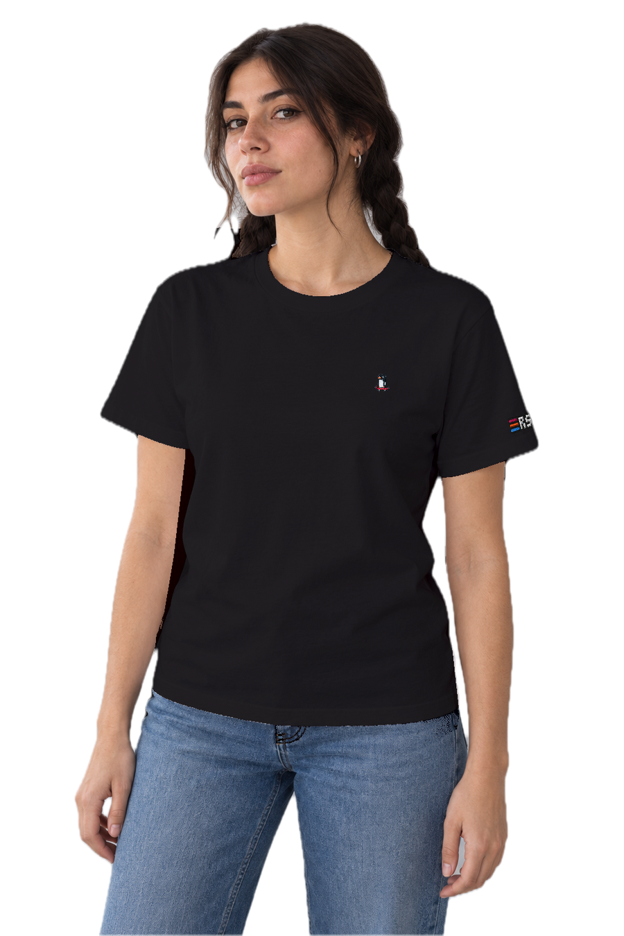 Pixel Pinguin Mit Skateboard – Besticktes Bio T-Shirt · Schwarz · Model · Frau