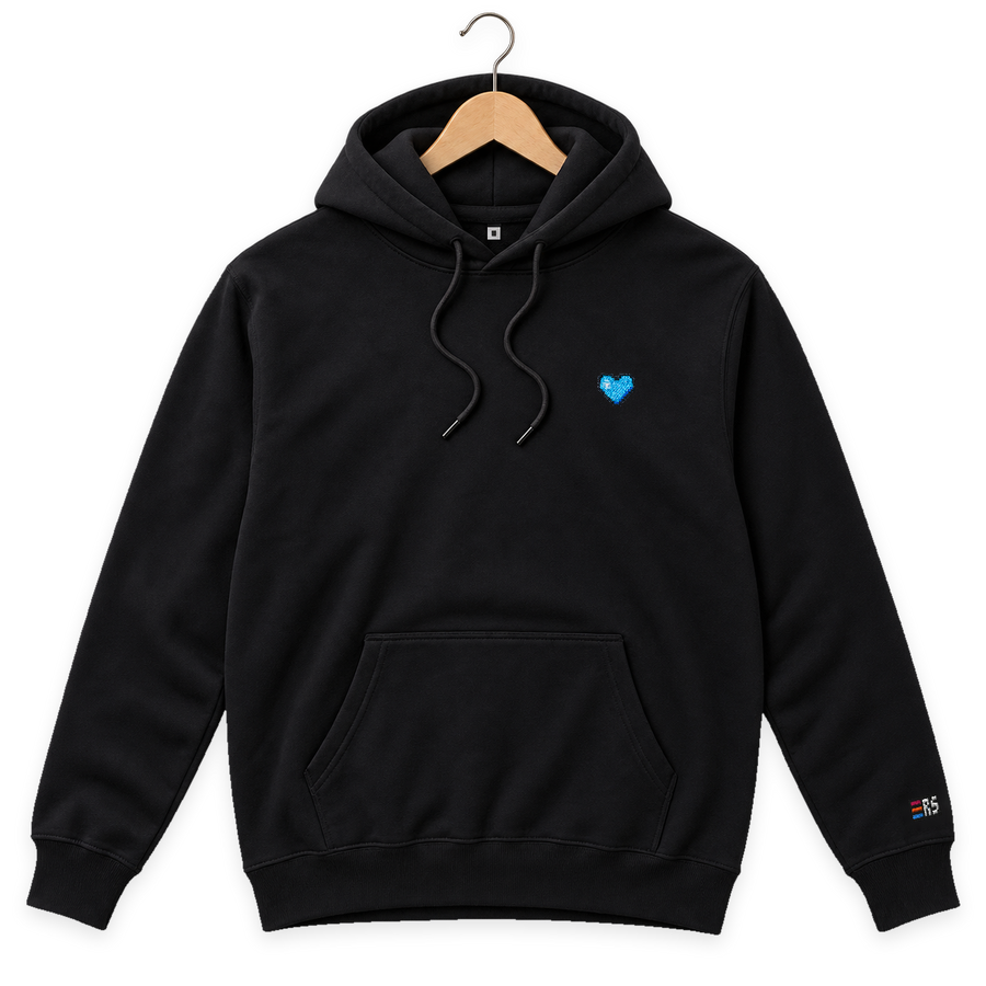 Pixel Herz Blau – Bestickter Bio Hoodie · Schwarz · Bügel A