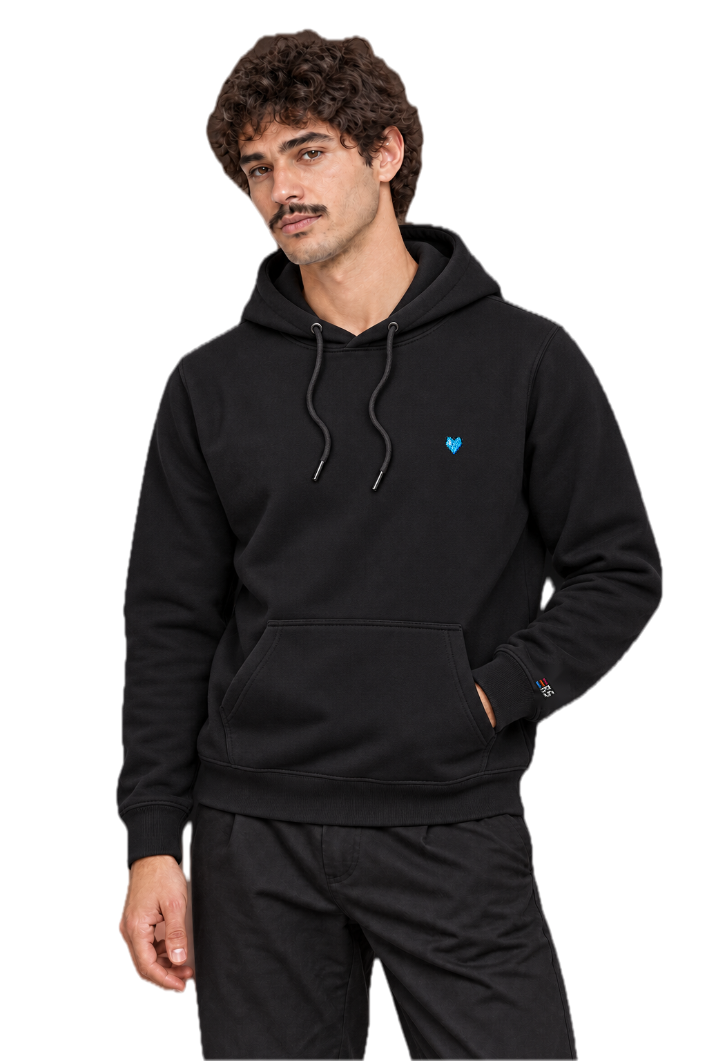 Pixel Herz Blau – Bestickter Bio Hoodie · Schwarz · Model · Mann
