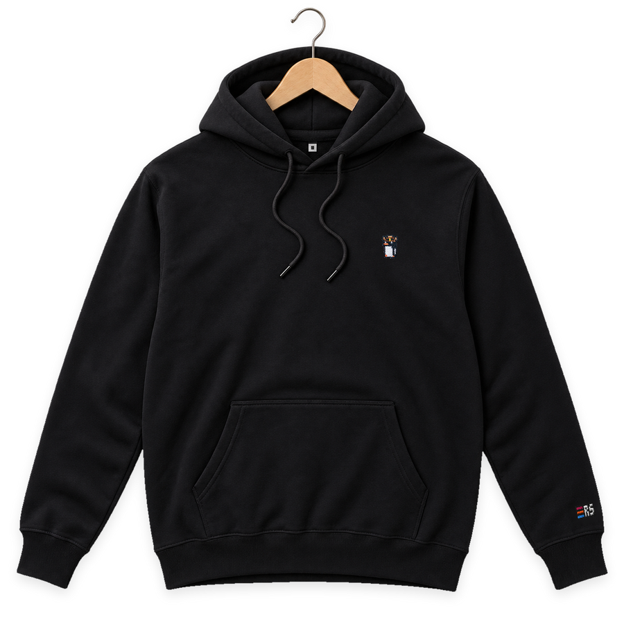 Pixel Pinguin Mit Cowboyhut – Bestickter Bio Hoodie · Schwarz · Bügel A