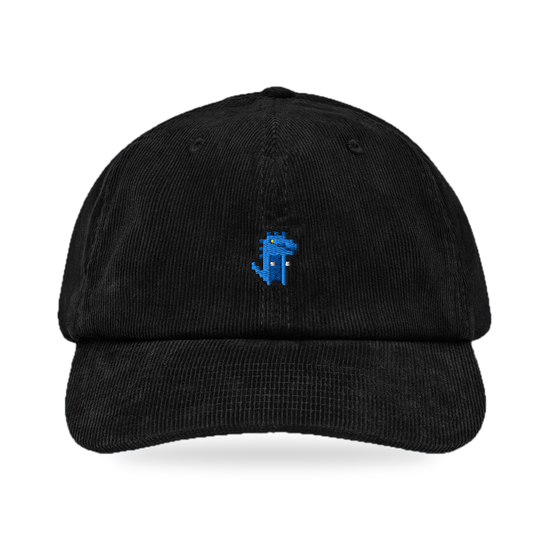 Pixel Dino Blau – Bestickte Cord Cap · Schwarz · front
