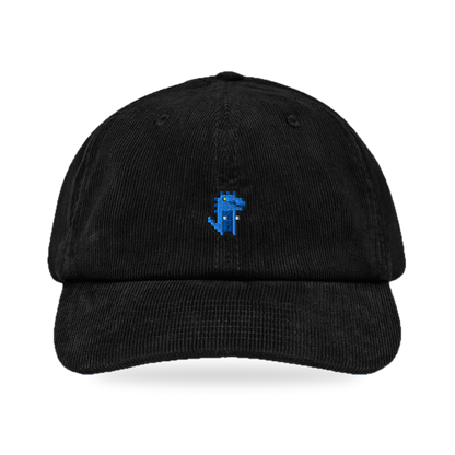 Pixel Dino Blau – Bestickte Cord Cap · Schwarz · front