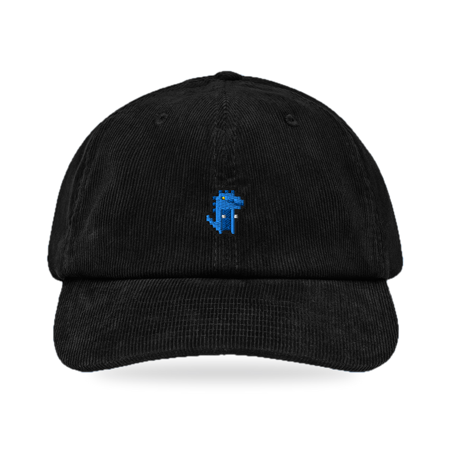 Pixel Dino Blau – Bestickte Cord Cap · Schwarz · front