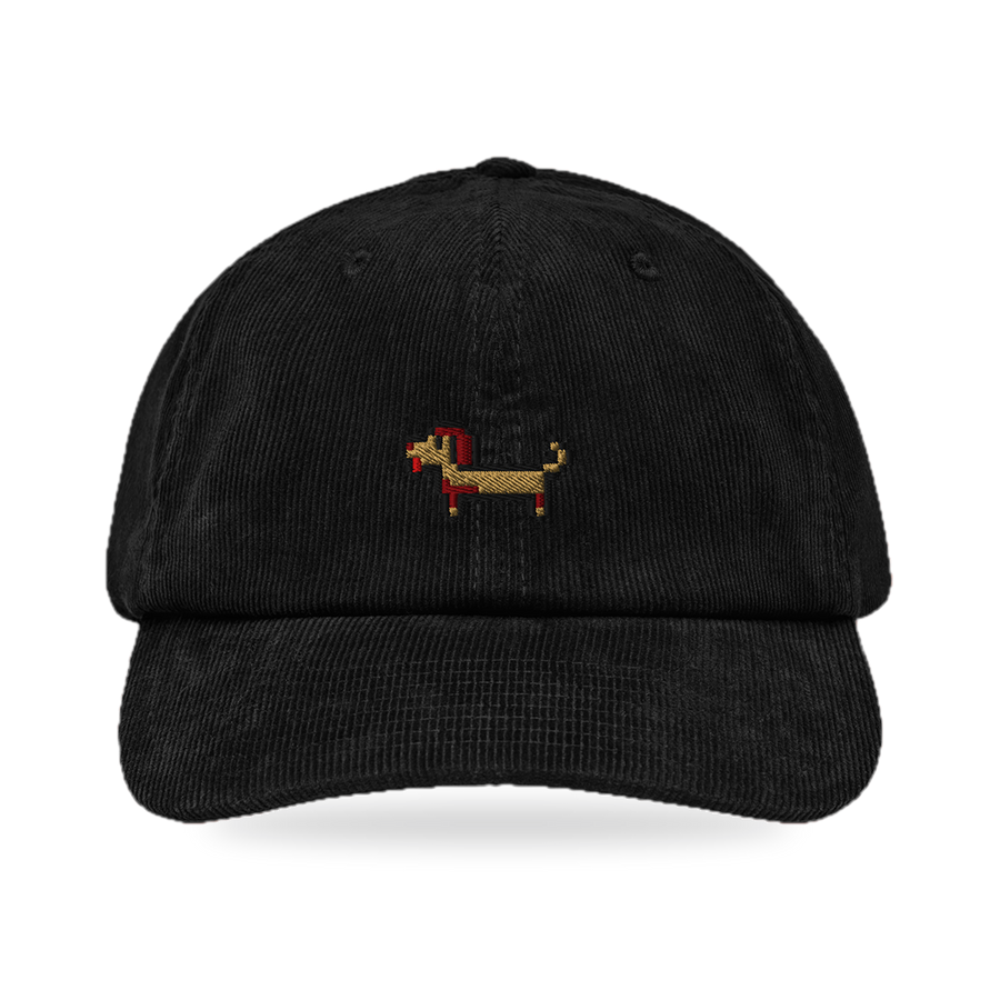 Pixel Dackel Gustl – Bestickte Cord Cap · Schwarz · front