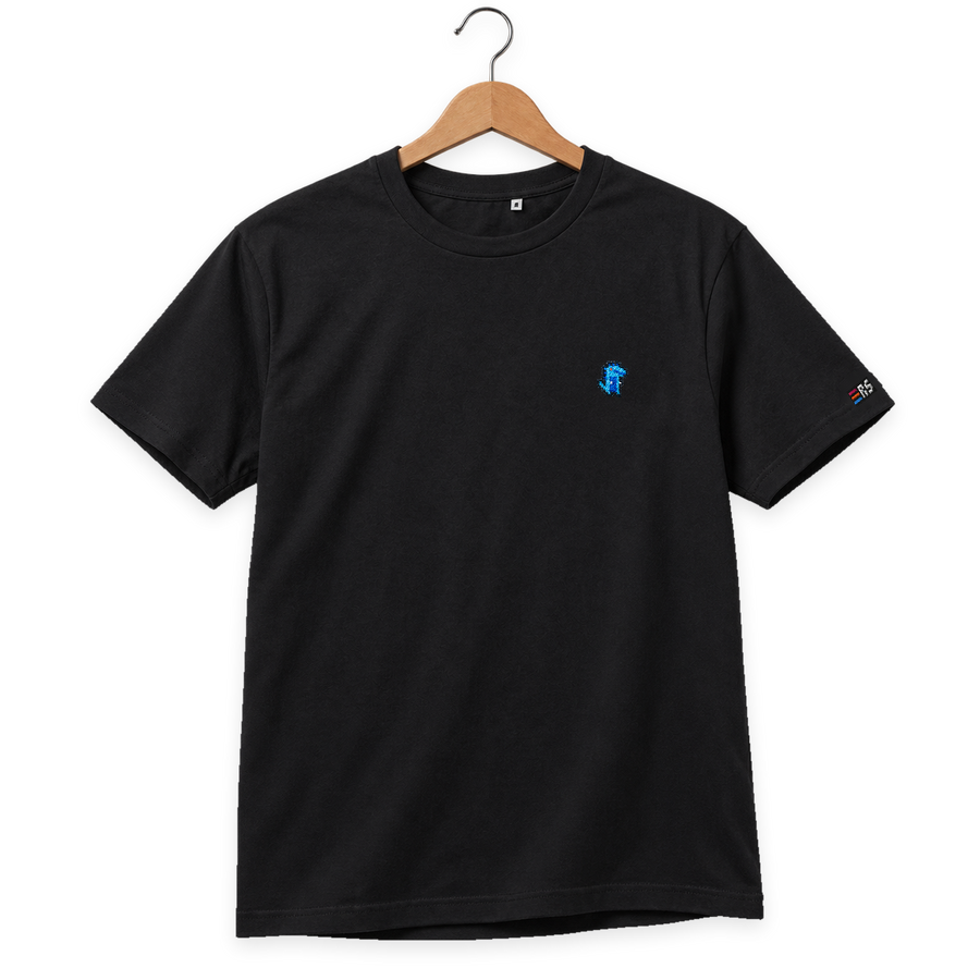 Pixel Dino Blau – Besticktes Bio T-Shirt · Schwarz · Bügel A