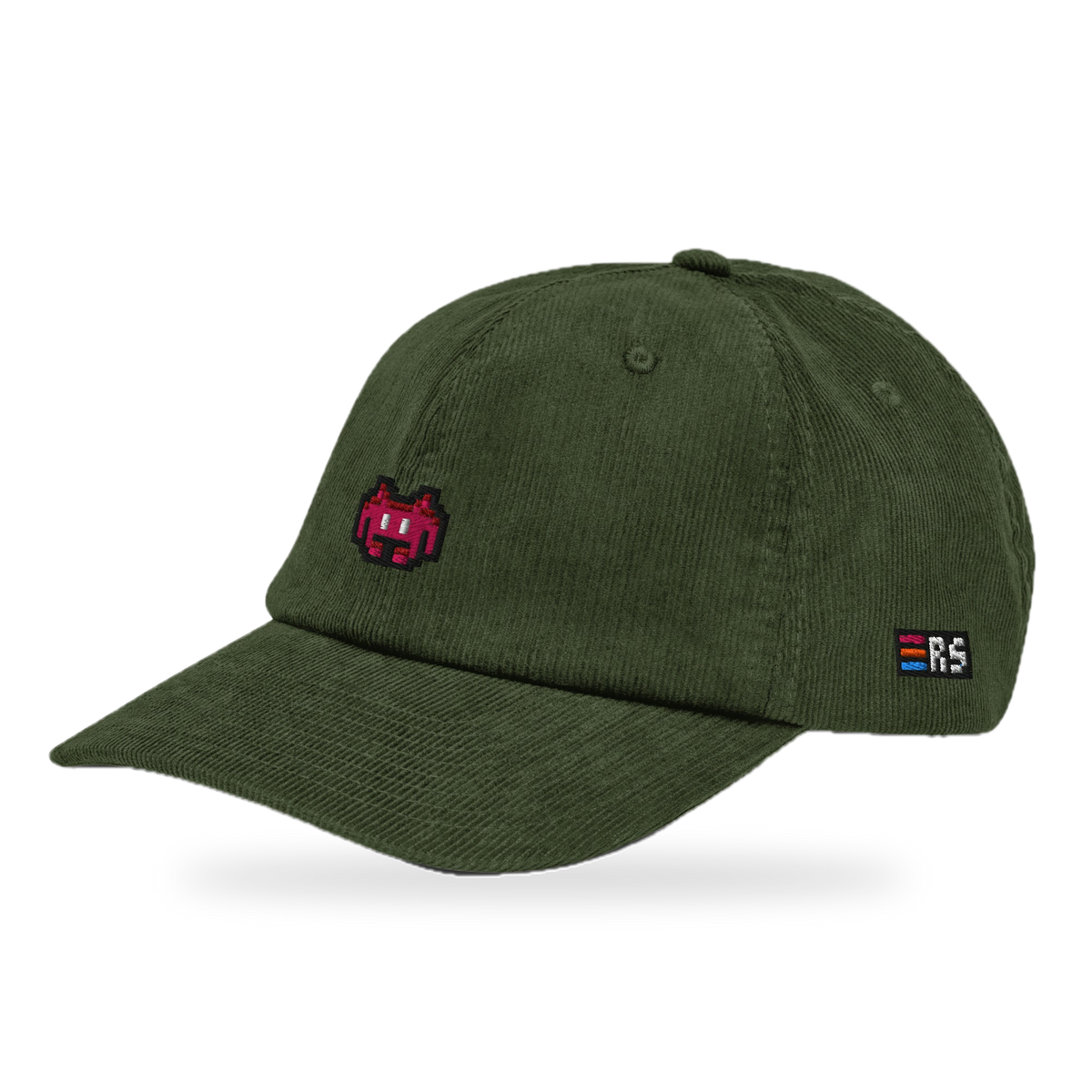 Pixel Alien Rot – Bestickte Cord Cap · Grün · three_quarter