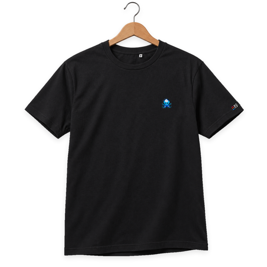 Pixel Krake – Besticktes Bio T-Shirt · Schwarz · Bügel A