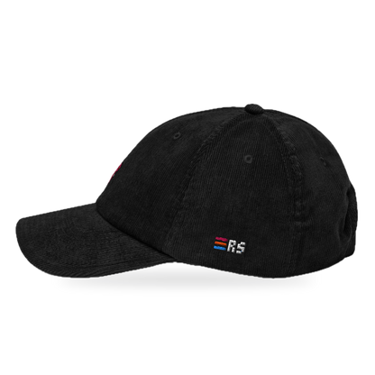 Pixel Dino Rot – Bestickte Cord Cap · Schwarz · side