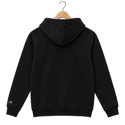 Pixel Dino Blau – Bestickter Bio Hoodie · Schwarz · Rückansicht