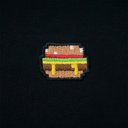Pixel Burger – Besticktes Bio T-Shirt · Schwarz · Stick-Close-up