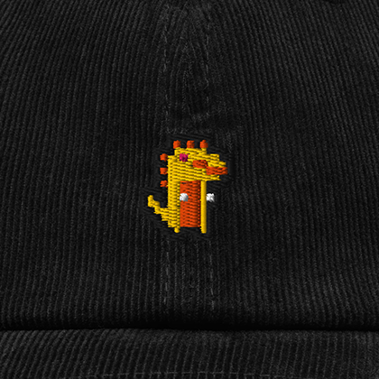 Pixel Dino Orange – Bestickte Cord Cap · Schwarz · Stick