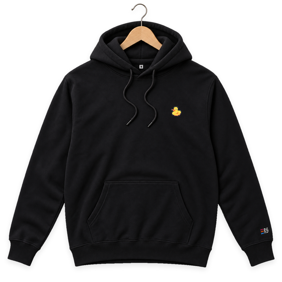Pixel Ente – Bestickter Bio Hoodie · Schwarz · Bügel A