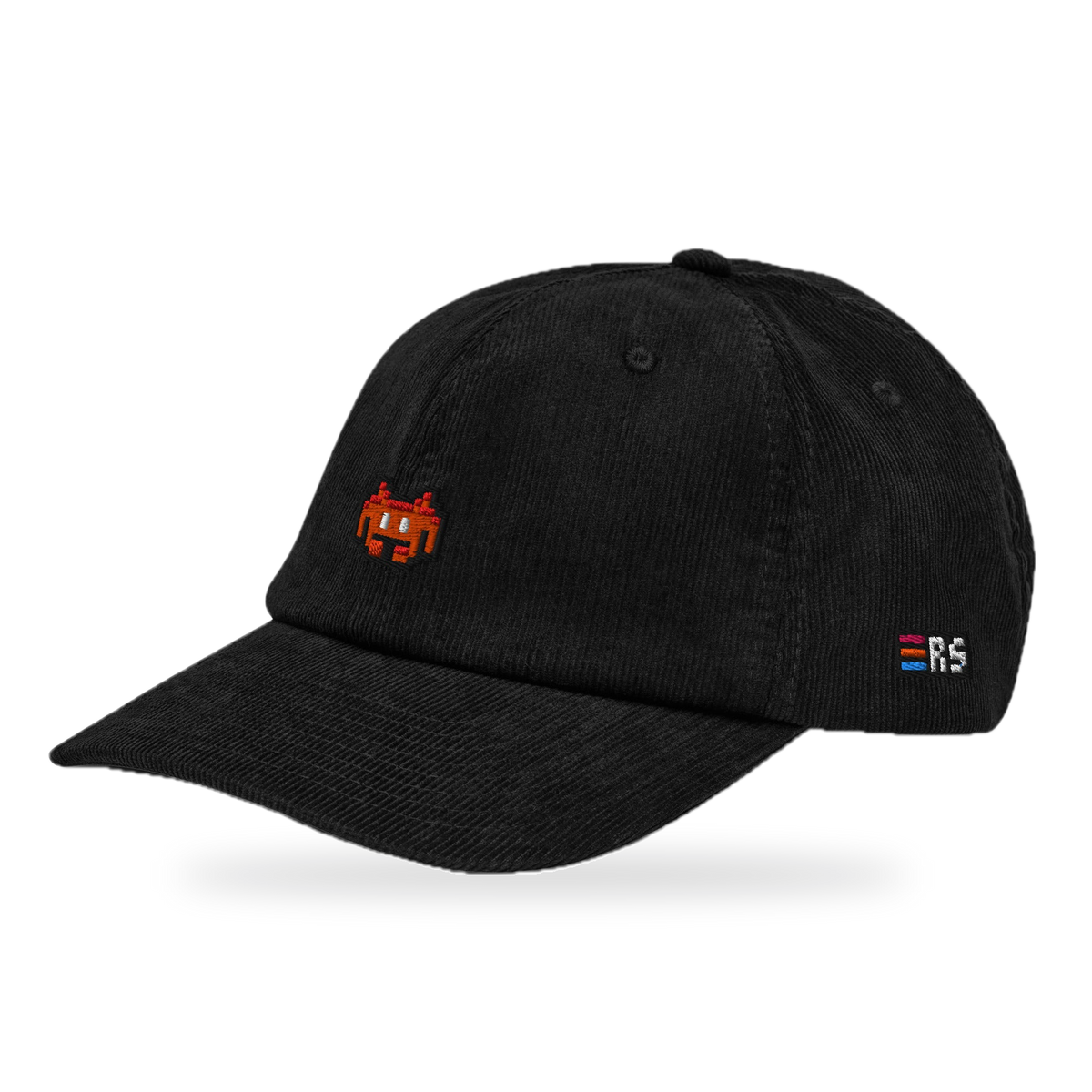 Pixel Alien Orange – Bestickte Cord Cap · Schwarz · three_quarter