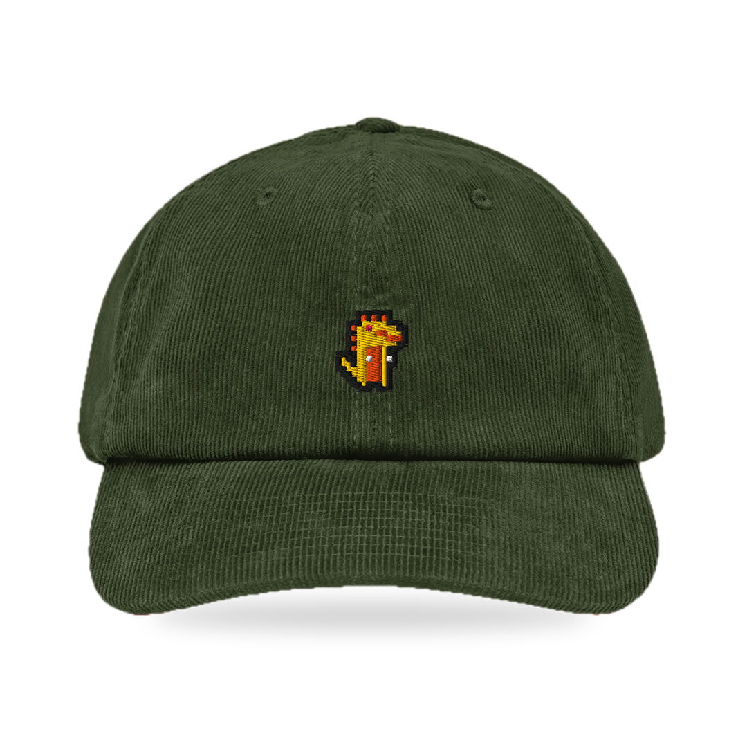 Pixel Dino Orange – Bestickte Cord Cap · Grün · front