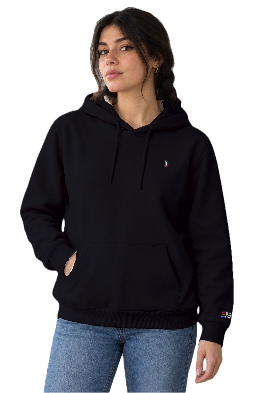 Pixel Pinguin Mit Skateboard – Bestickter Bio Hoodie · Schwarz · Model · Frau
