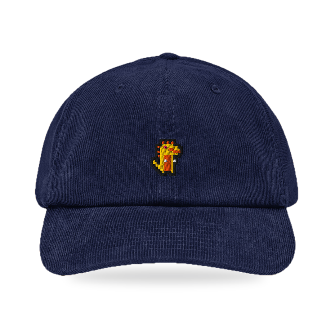 Pixel Dino Orange – Bestickte Cord Cap · Blau · front