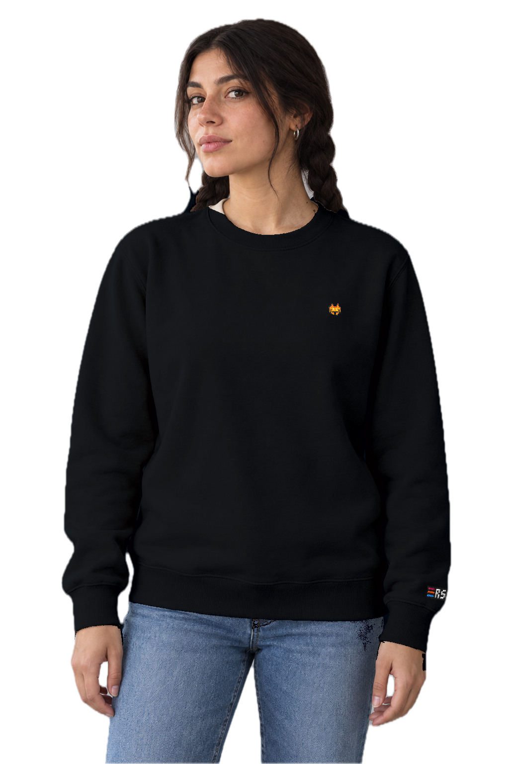 Pixel Alien Orange – Bestickter Bio Pullover · Schwarz · Model · Frau