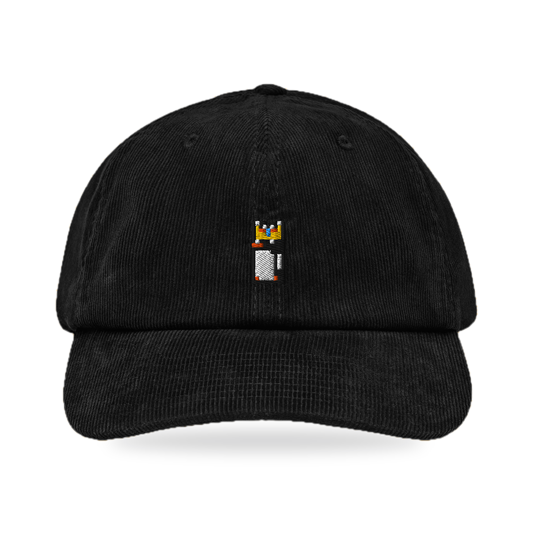 Pixel Pinguin Mit Krone – Bestickte Cord Cap · Schwarz · front