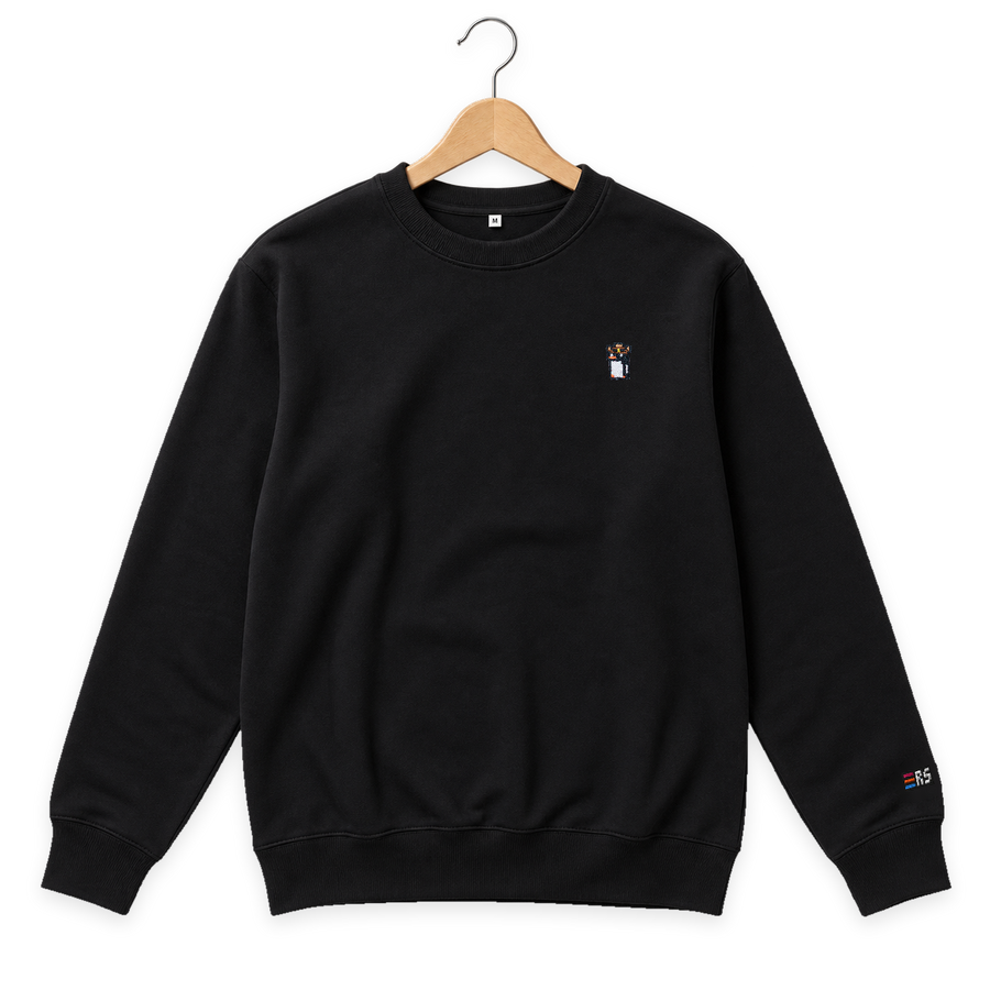 Pixel Pinguin Mit Cowboyhut – Bestickter Bio Pullover · Schwarz · Bügel A