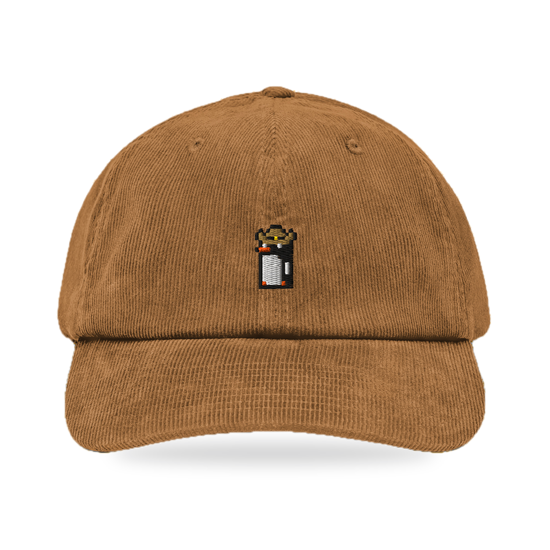 Pixel Pinguin Mit Cowboyhut – Bestickte Cord Cap · Braun · front