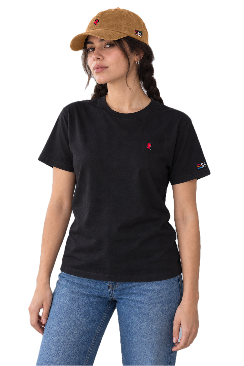 Pixel Dino Rot – Bestickte Cord Cap · Braun · Model Frau