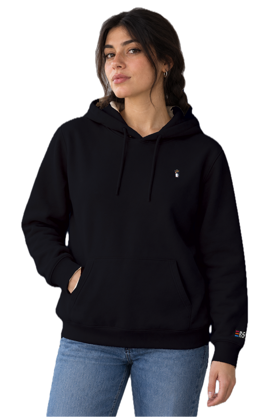 Pixel Pinguin Mit Cowboyhut – Bestickter Bio Hoodie · Schwarz · Model · Frau