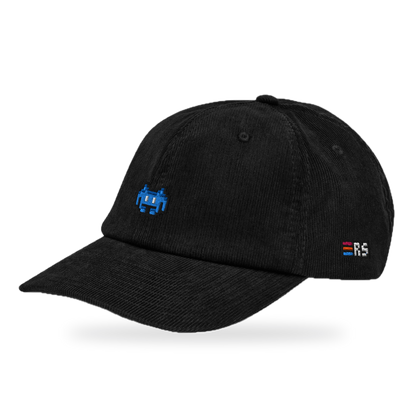Pixel Alien Blau – Bestickte Cord Cap · Schwarz · three_quarter