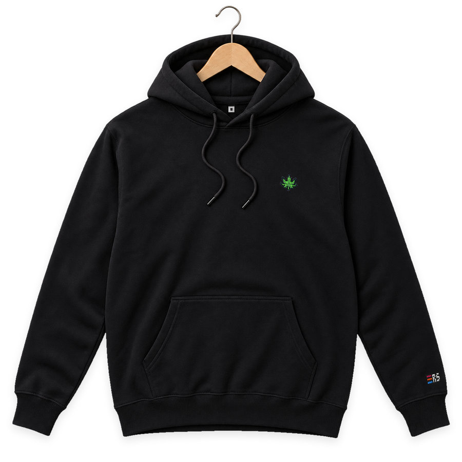 Pixel Cannabis – Bestickter Bio Hoodie · Schwarz · Bügel A