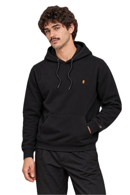 Pixel Dino Orange – Bestickter Bio Hoodie · Schwarz · Model · Mann