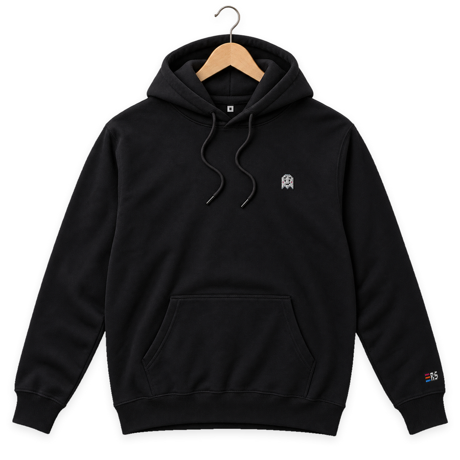 Pixel Geist – Bestickter Bio Hoodie · Schwarz · Bügel A