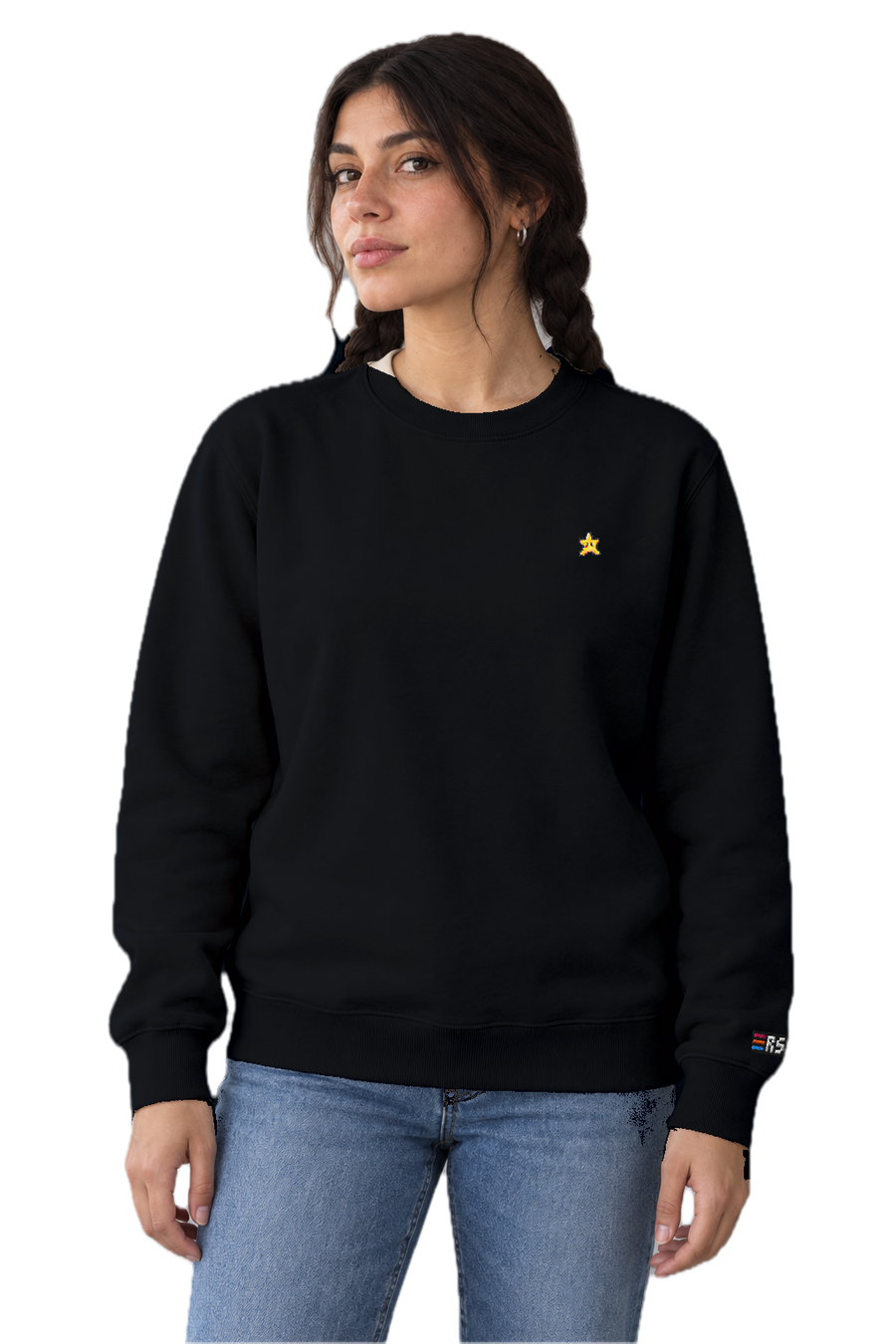 Pixel Stern – Bestickter Bio Pullover · Schwarz · Model · Frau