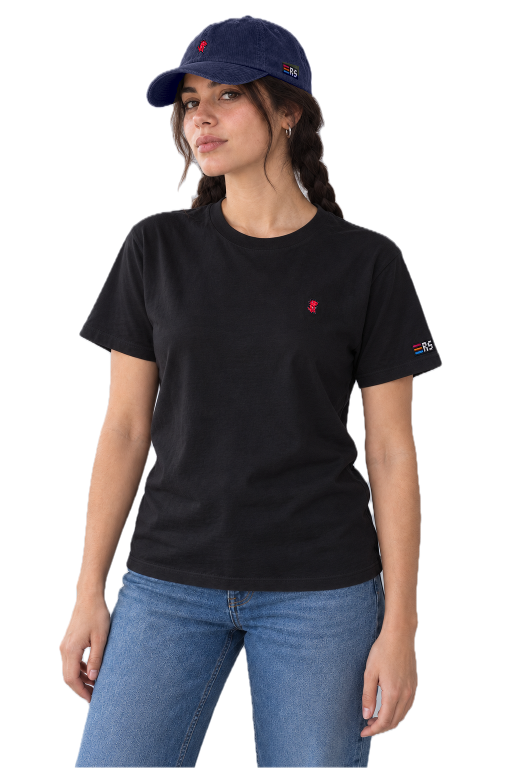 Pixel Dino Rot – Bestickte Cord Cap · Blau · Model Frau