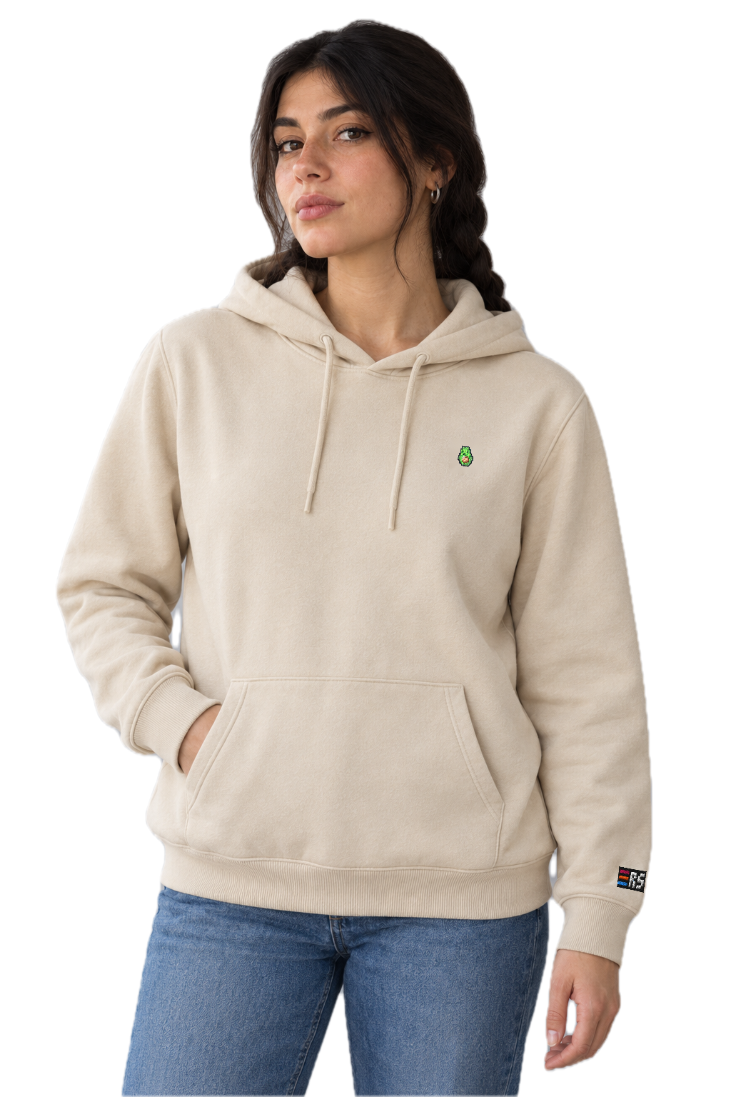 Pixel Avocado – Bestickter Bio Hoodie · Beige · Model · Frau
