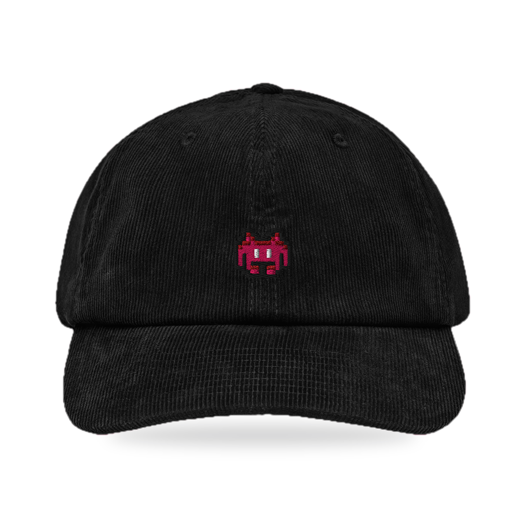 Pixel Alien Rot – Bestickte Cord Cap · Schwarz · front