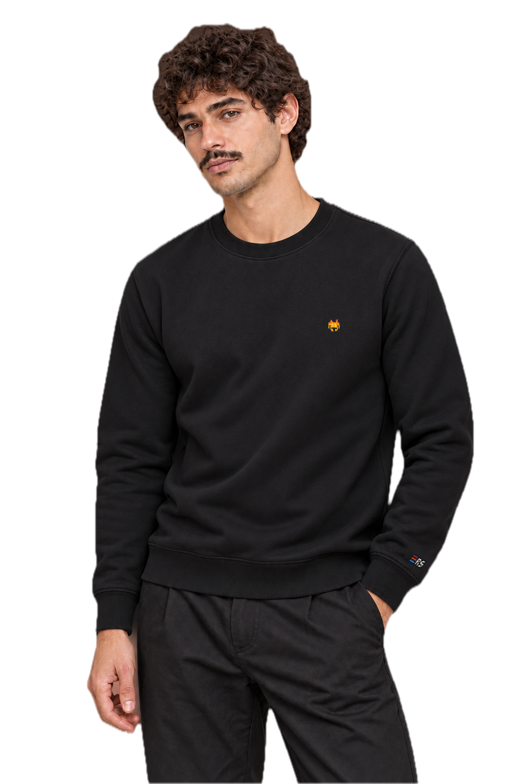 Pixel Alien Orange – Bestickter Bio Pullover · Schwarz · Model · Mann